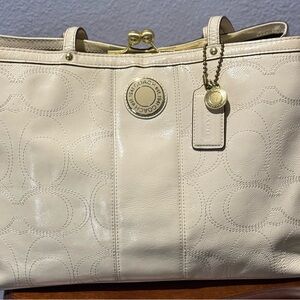 Coach Off-White Leather Tote with Gold Accents